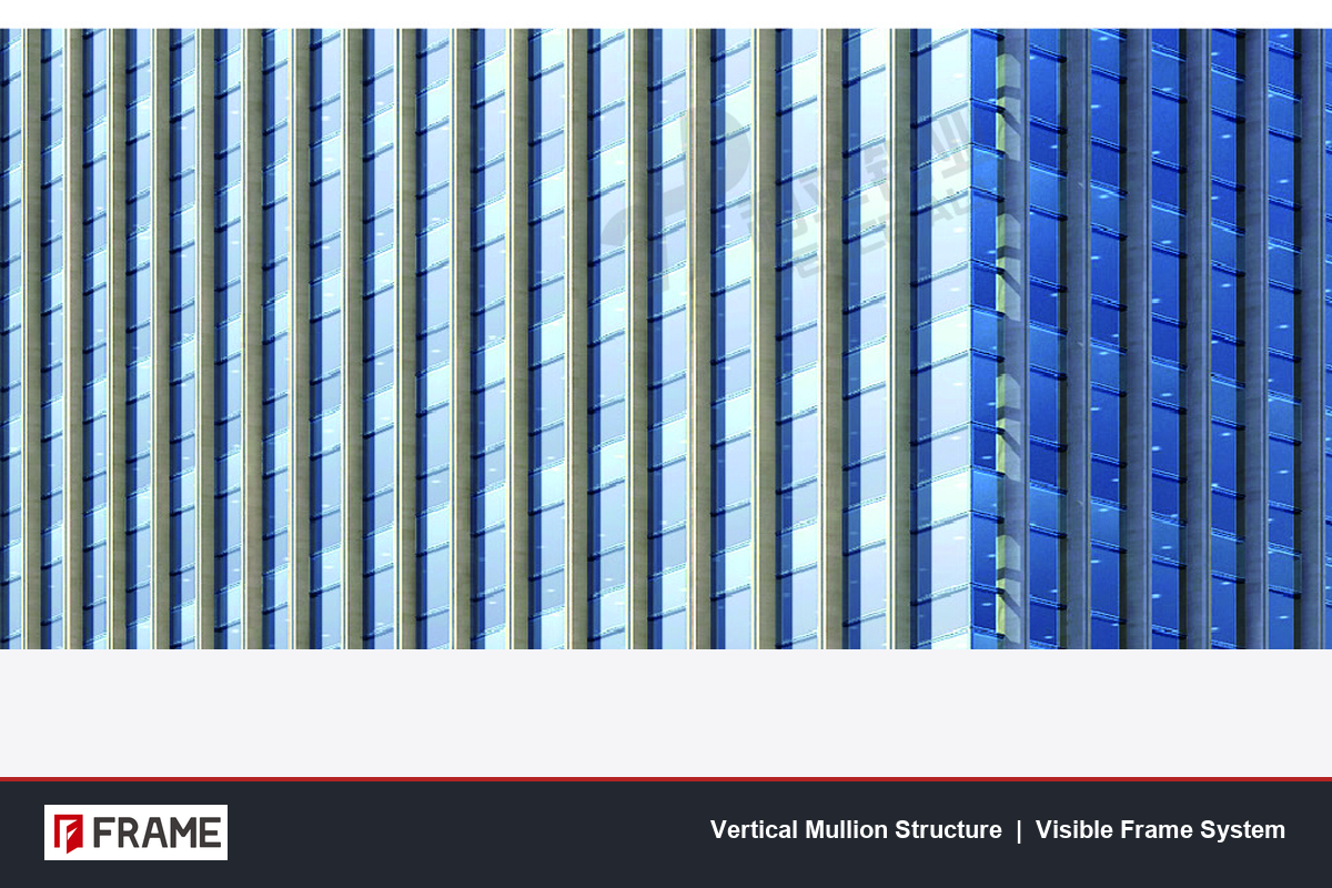 Close-up of a visible frame glass curtain wall showing vertical aluminium mullions in a regular grid pattern