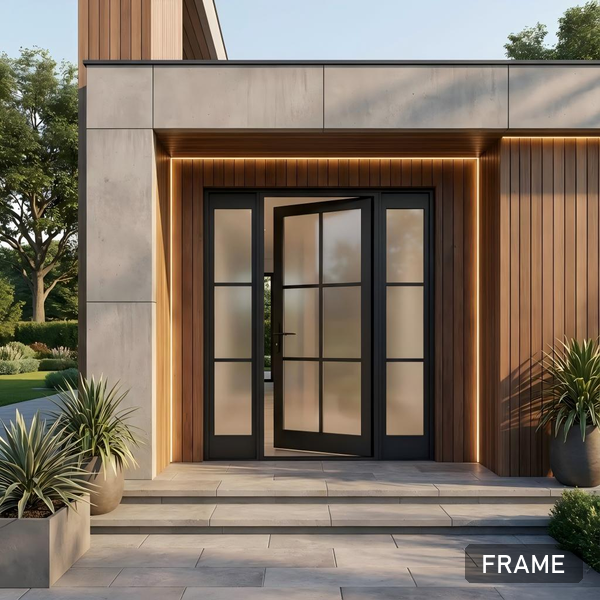Aluminum door with full-height grille bars in a matte black finish