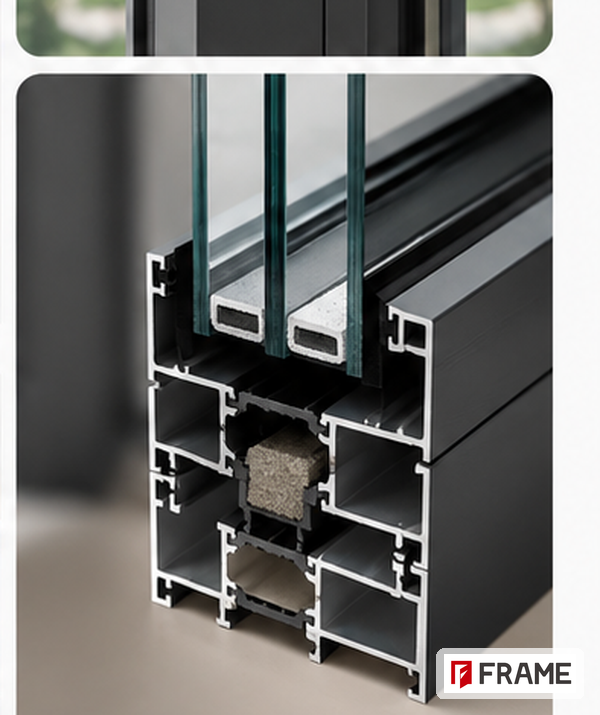 Thermal break aluminum profile cross-section showing polyamide strip and hollow chambers