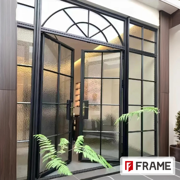 Arched steel-look aluminium heritage entrance door with fanlight glazing