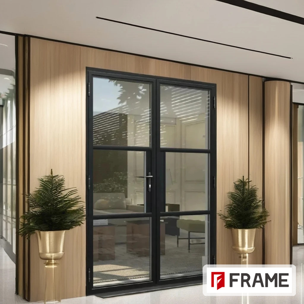 Black steel-look aluminium heritage French doors in a modern interior