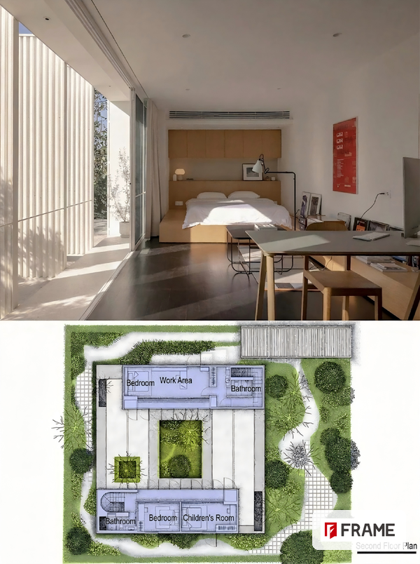 Modern bedroom interior paired with architectural floor plan showing integrated design and build documentation