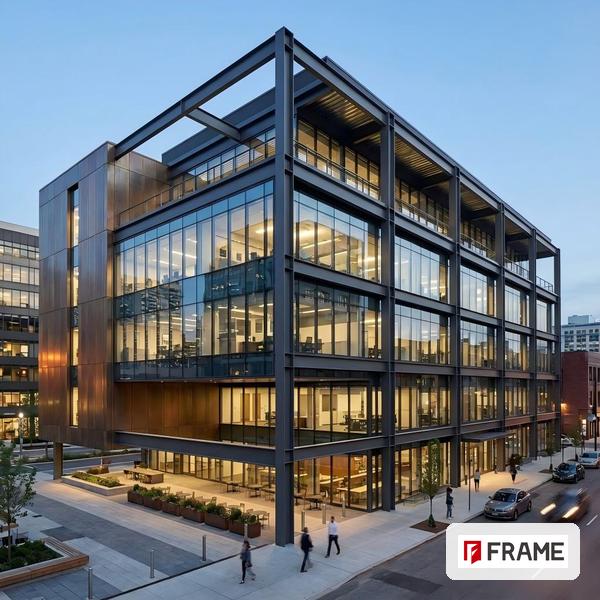 Modern multi-story commercial building with exposed steel frame and curtain wall glazing