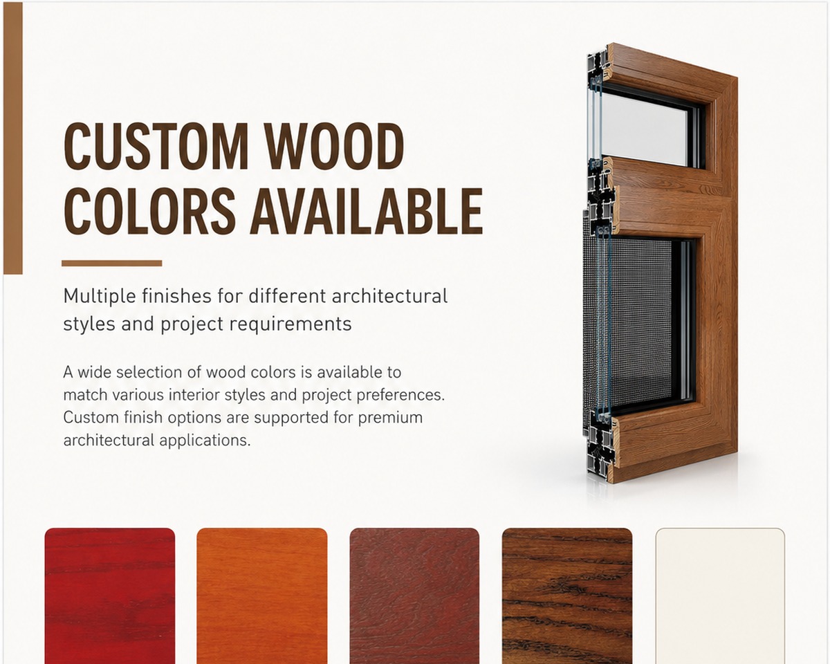 Custom wood grain aluminum window colors and finish swatches including oak, walnut, cherry, and teak