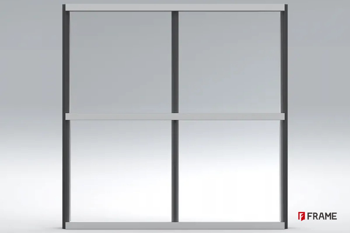 Horizontal visible and vertical concealed curtain wall with exposed transoms