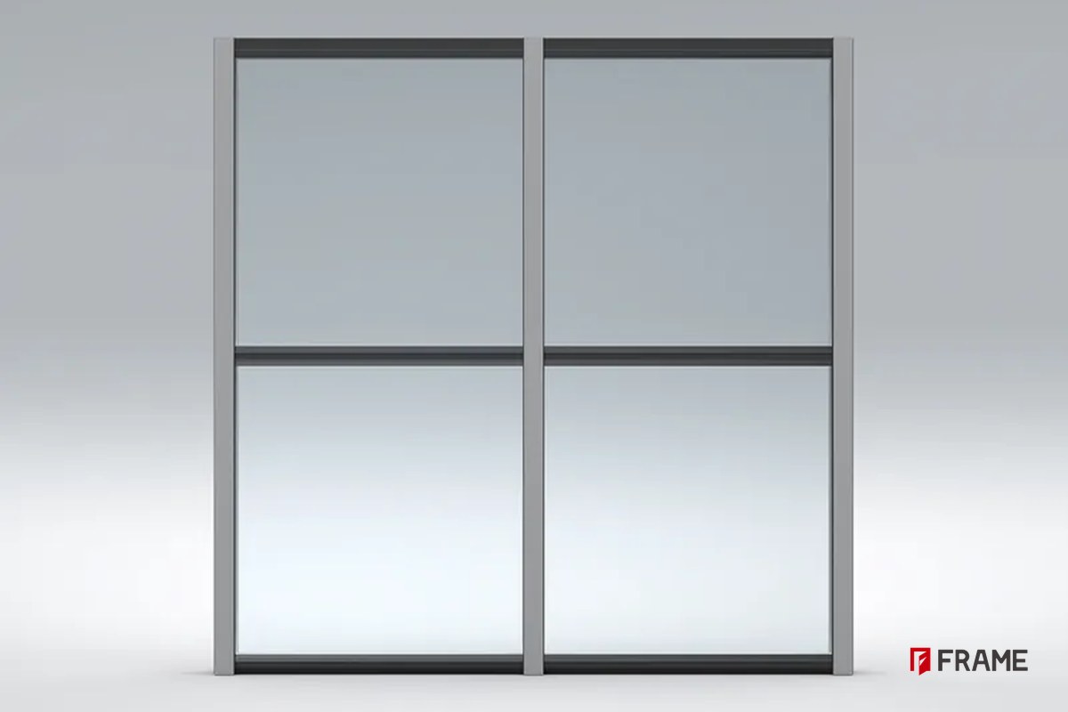 Vertical visible and horizontal concealed curtain wall with exposed vertical mullions