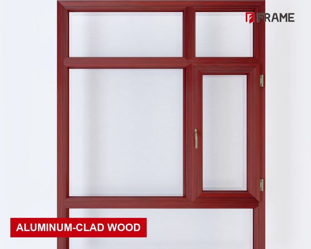 FRAME aluminum-clad wood window with rosewood grain interior finish