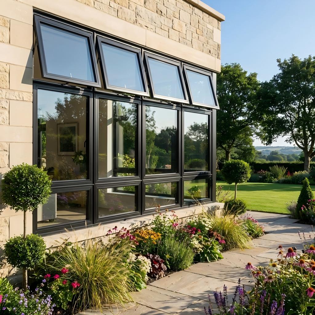 Building facade with a row of top-hung aluminum awning windows above fixed glazing