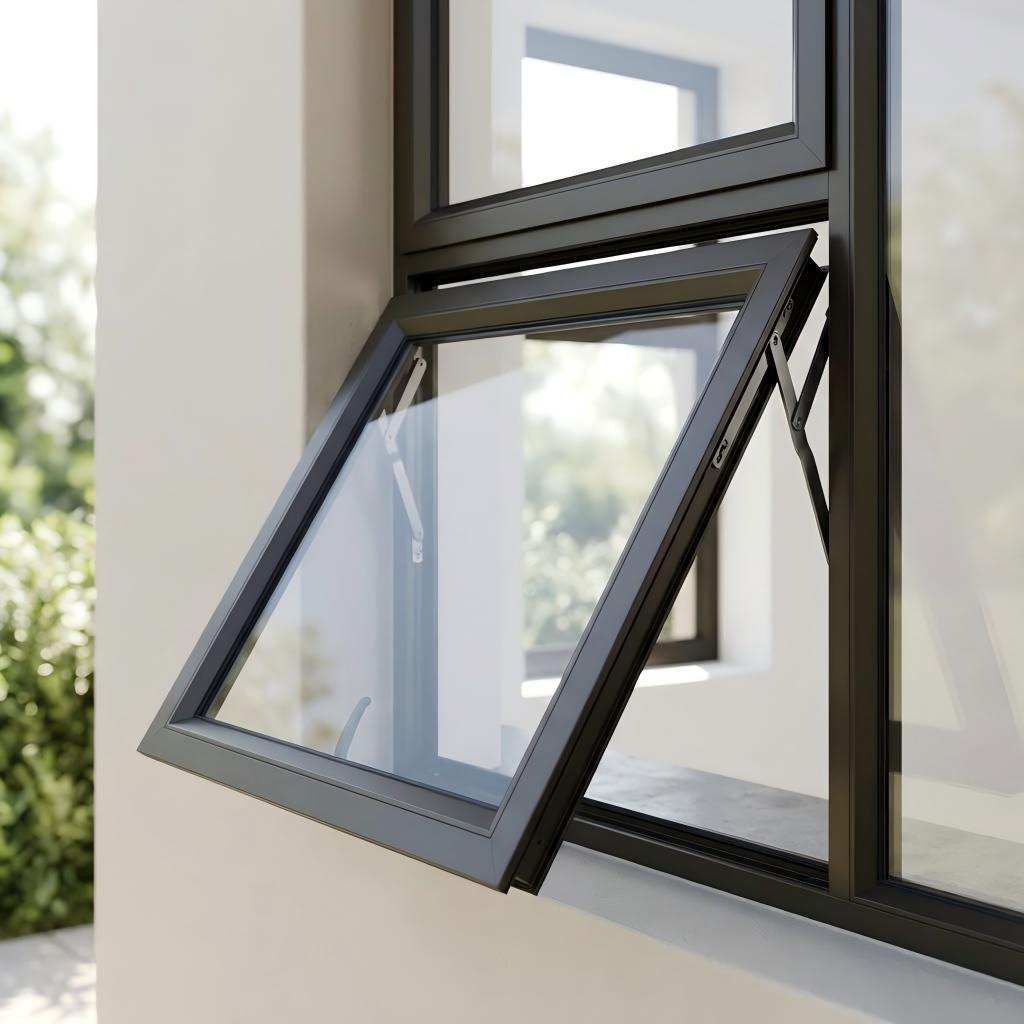 Black aluminum awning window sash held open on its side stays