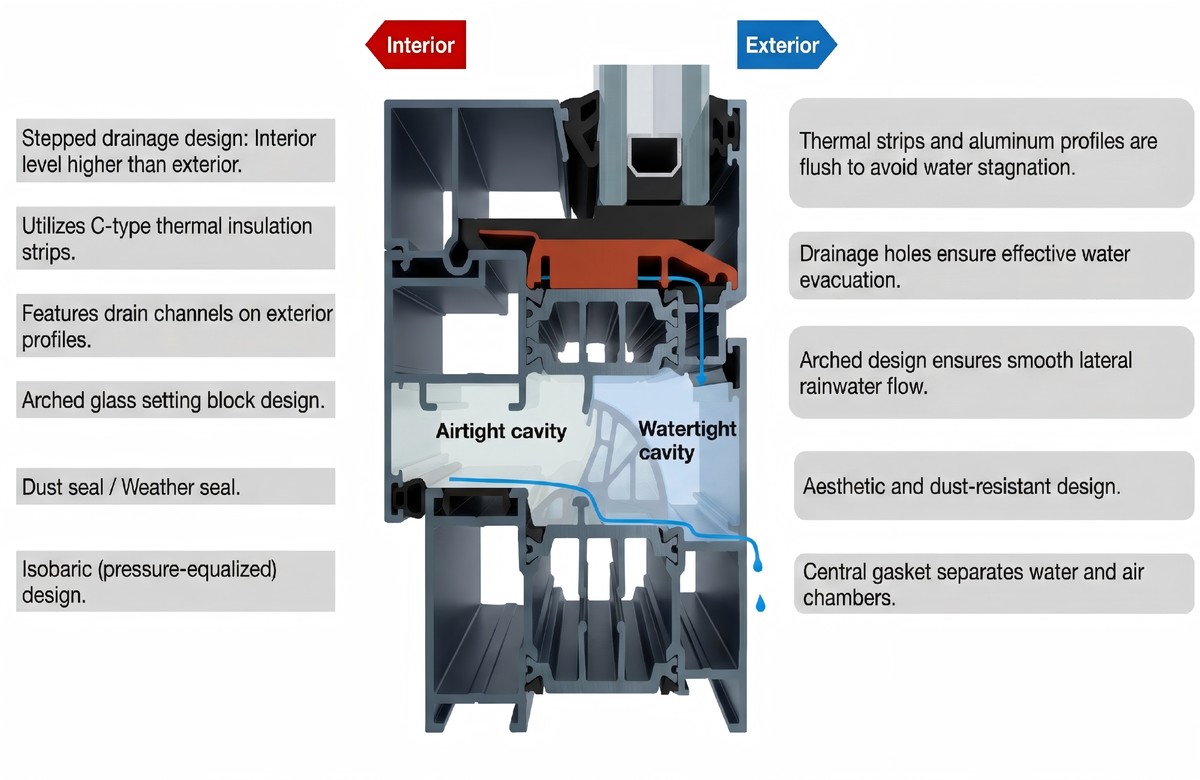 Cross-section of a thermal break aluminum window showing airtight and watertight cavities and drainage design