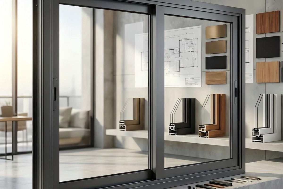 Aluminum sliding window with two overlapping sashes displayed in a showroom